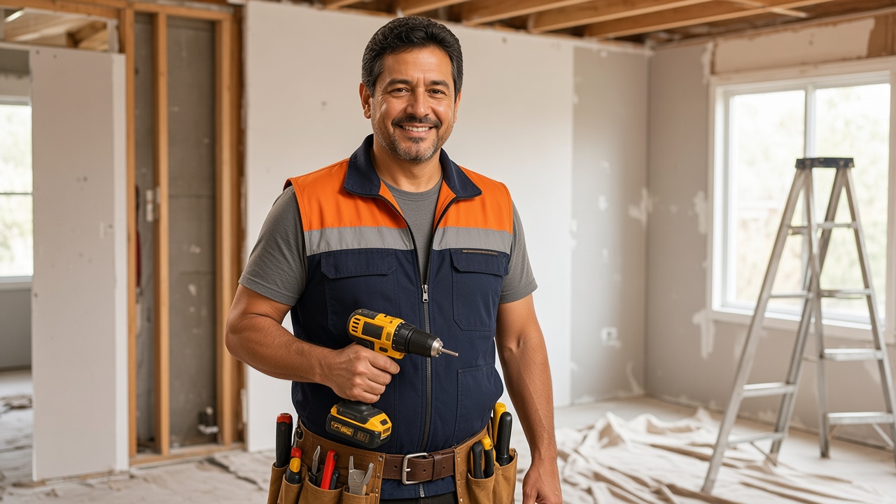 Vladimir Alejandro Urtecho Ortiz, professional handyman, with a drill and tool belt in a home under renovation